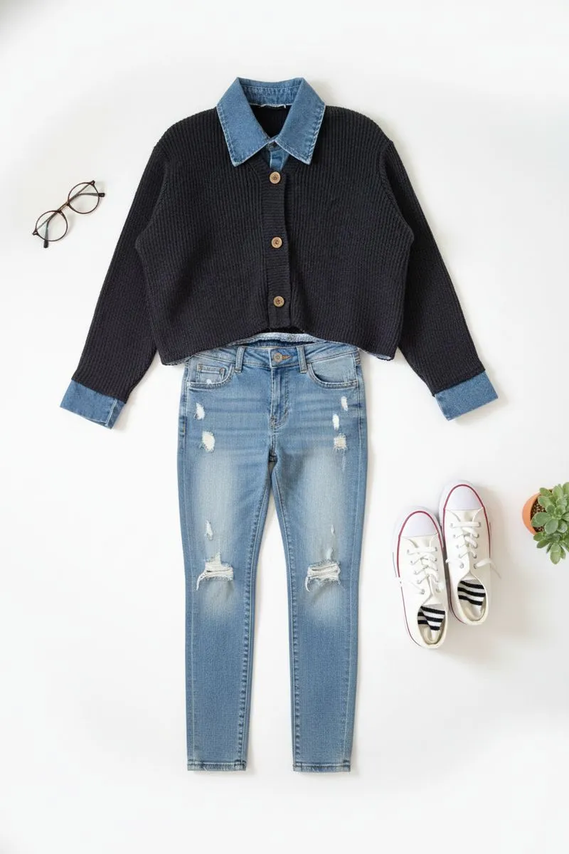 Sweater Mix Jeans Crop Wanita photo 1
