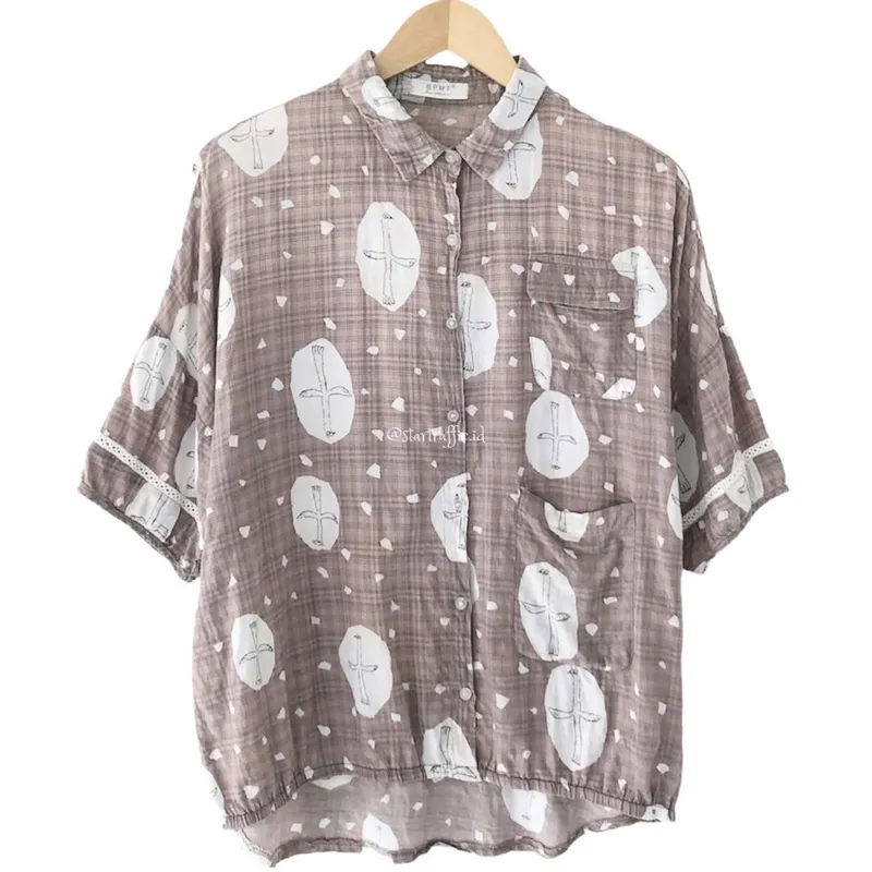 Minimalist Casual Shirt Wanita pink brown photo 1
