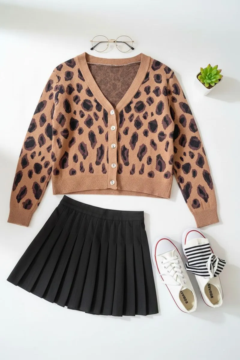 Sweater Crop Motif Leopard Coklat Wanita photo 1
