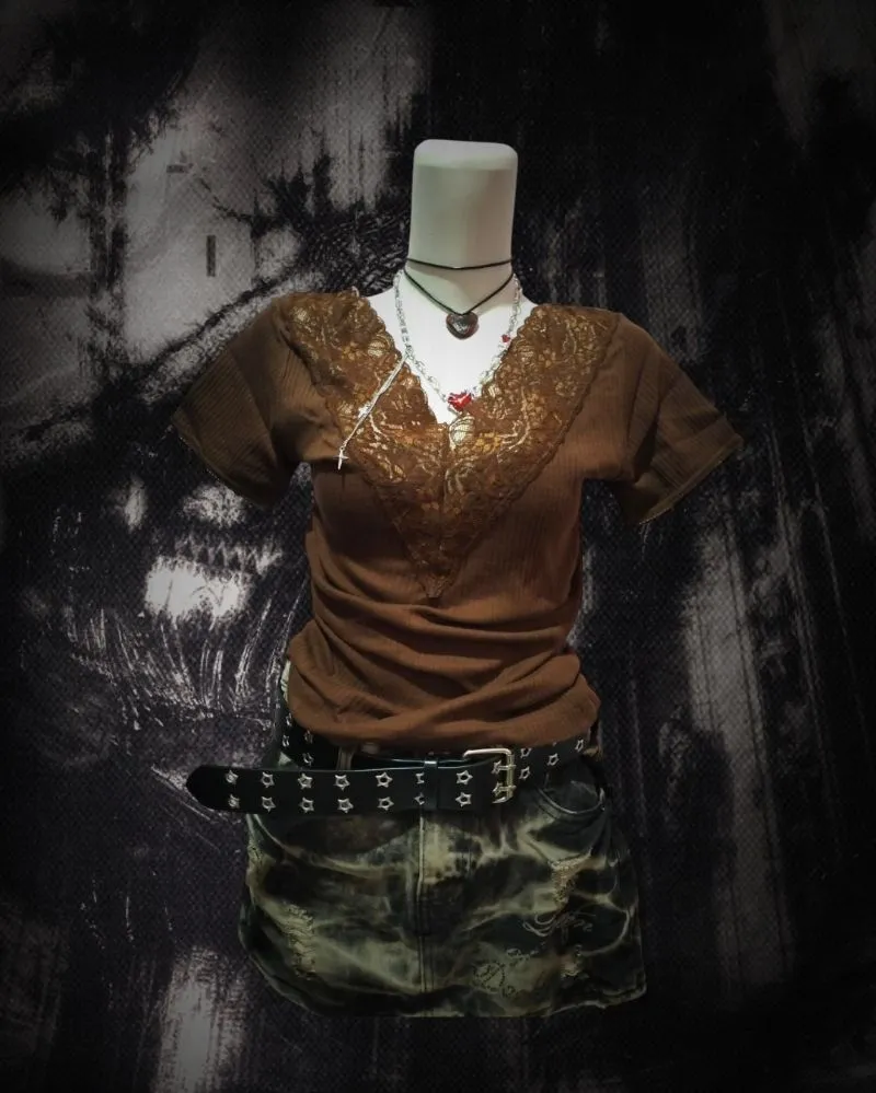 Brown Vintage Lace V-Neck Top photo 1