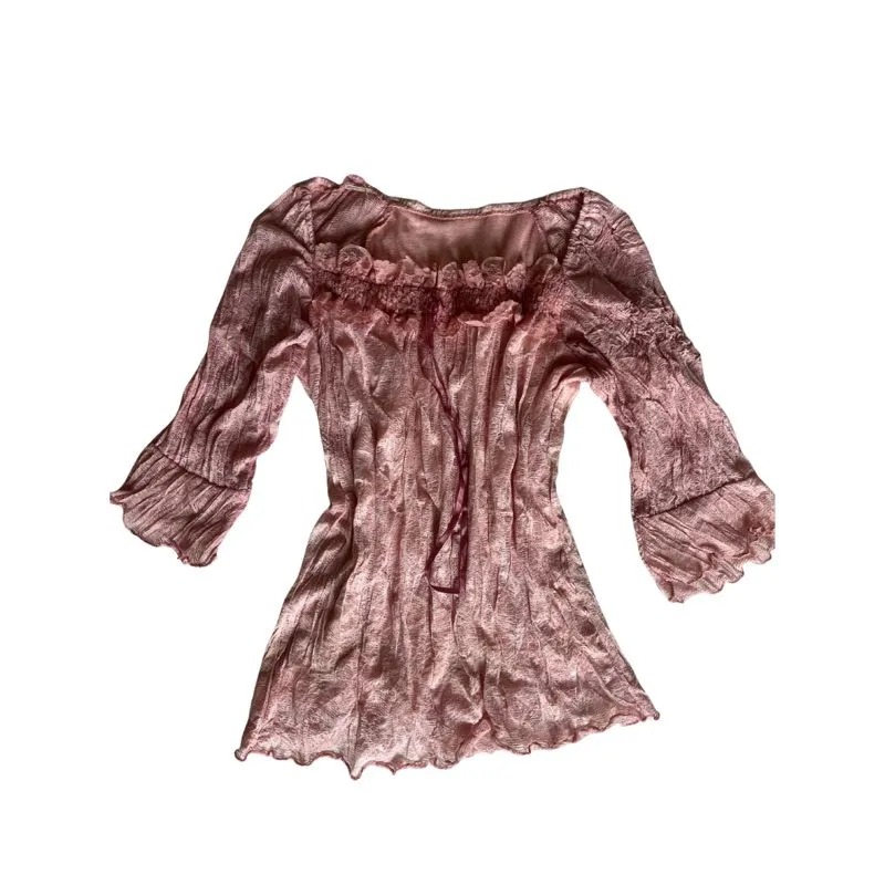 dusty pink crinkle blouse with lace details photo 1