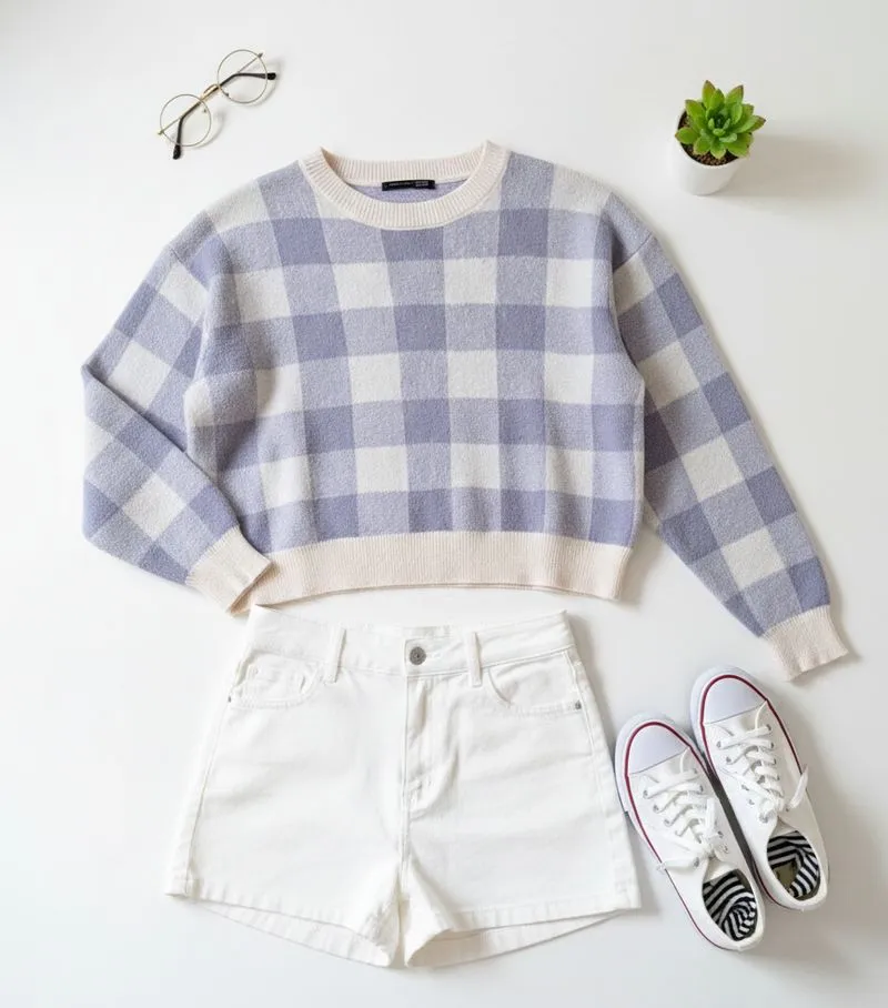Sweater Crop Motif Kotak Baby Blue Wanita photo 1