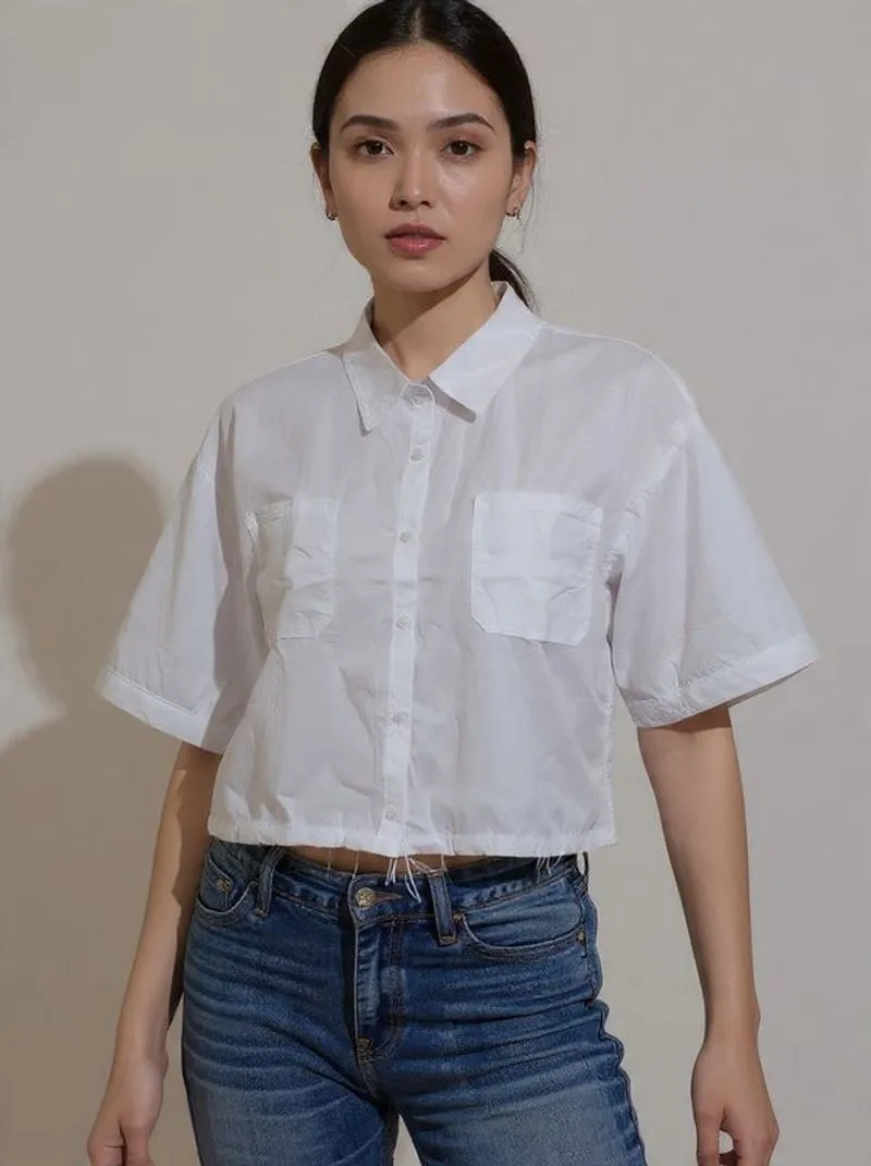 Kemeja pendek crop putih bawah tali serut photo 1