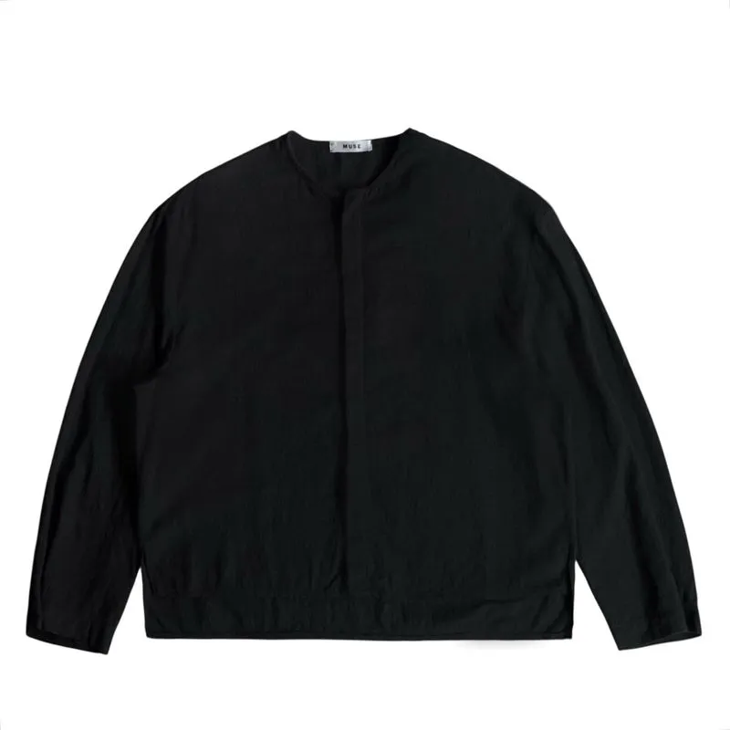 Muse collarless linen crinkle oversize ls shirt black kemeja photo 1