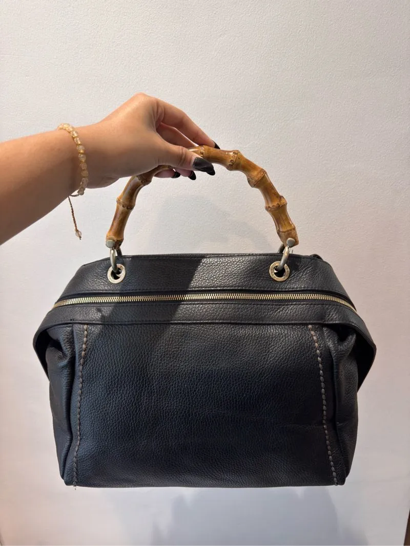 vintage plinio visona bamboo handle black leather sling bag photo 1