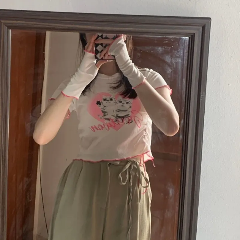 Crop tops Wanita Tops white pink photo 1