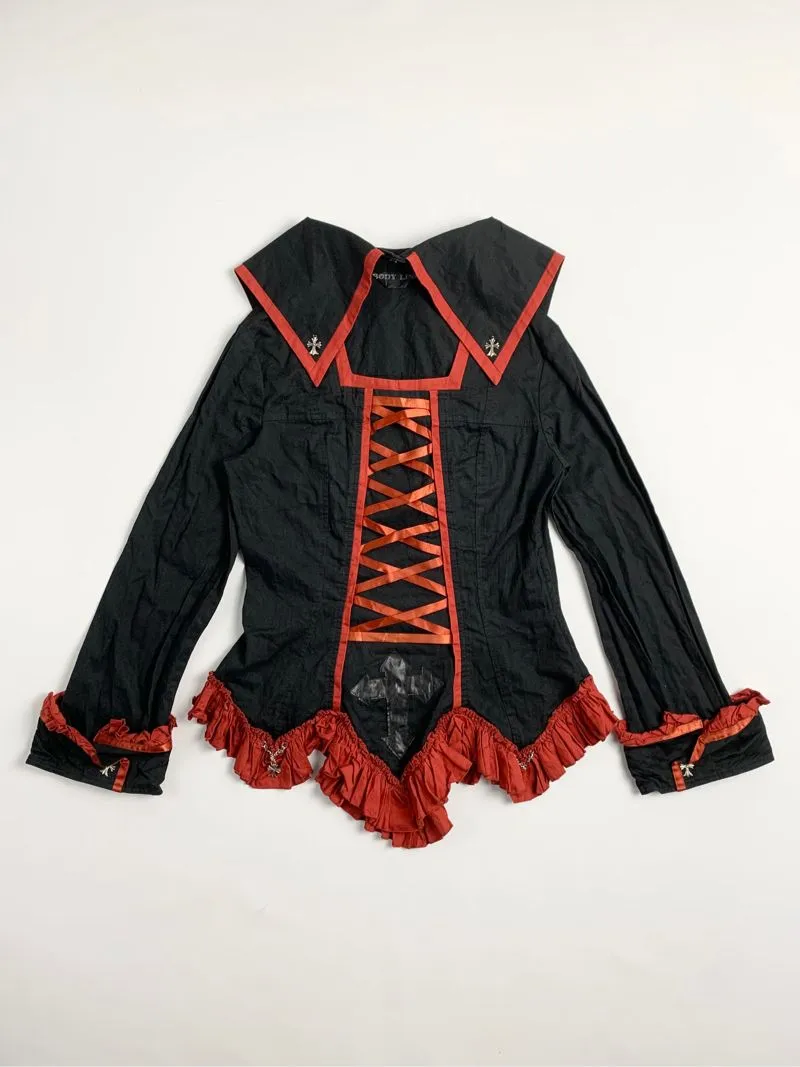 Y2k BODY LINE Goth Shirt With Cross Ruffle Tie Red Black photo 1