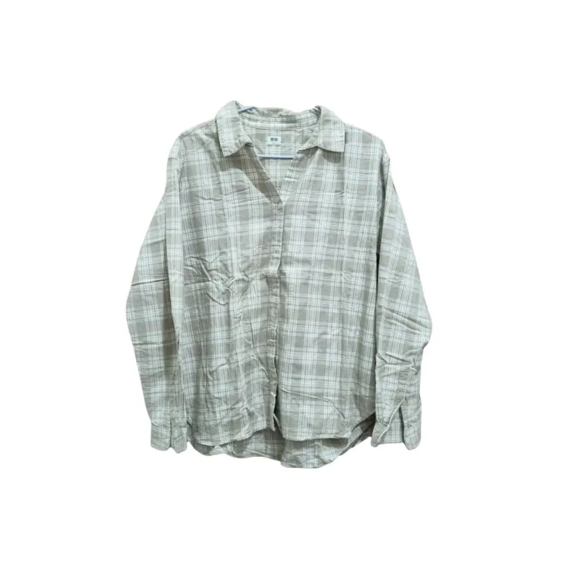 kemeja uniqlo plaid cokelat putih photo 1