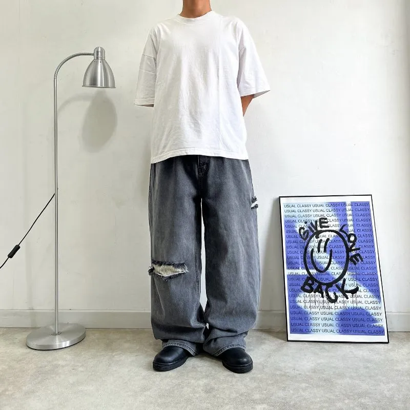 Neukkimpyo longpants ripped washed grey denim wide leg jeans photo 1