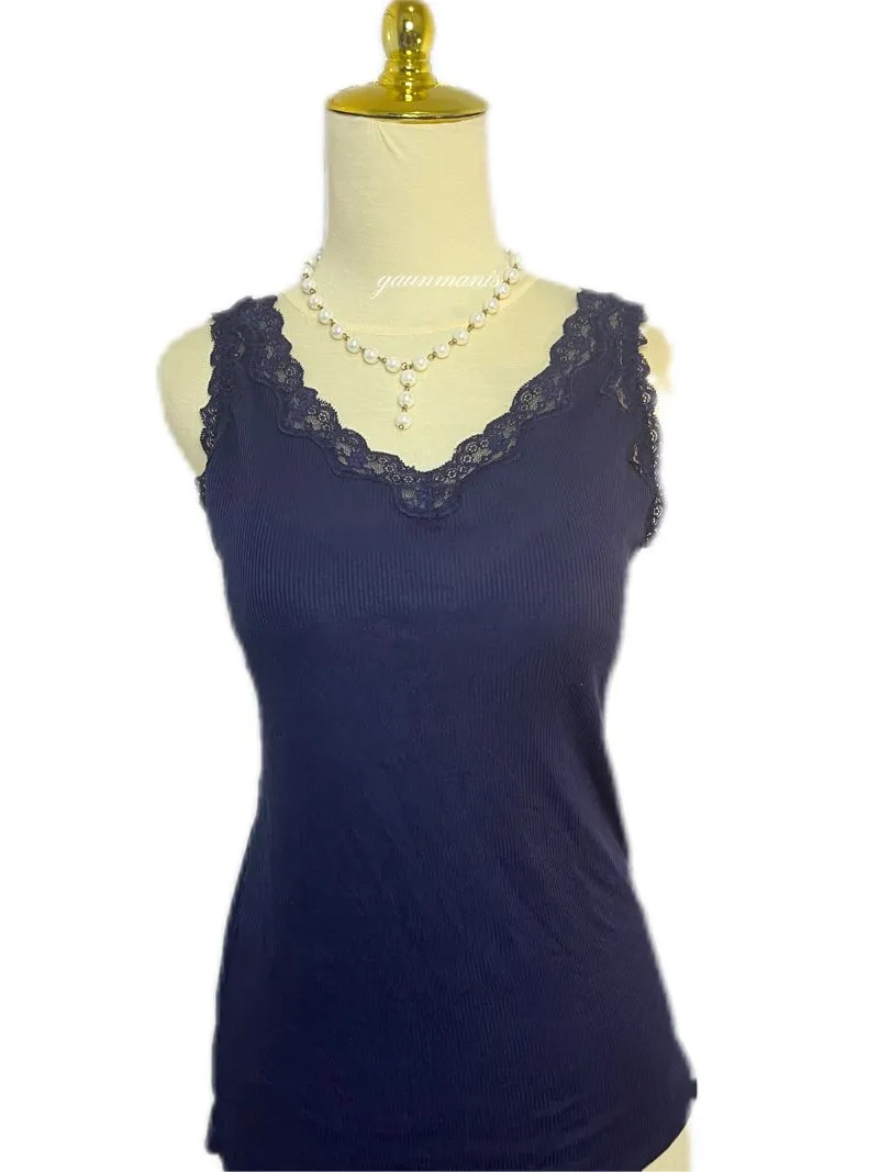 Navy Lace Ribbed Knit Tanktop Bra Cami  photo 1