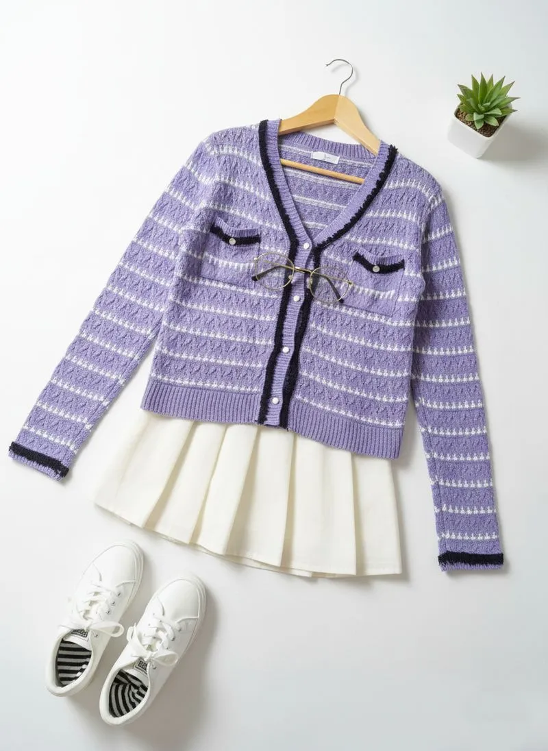 Cardigan Purple List Putih Wanita photo 1