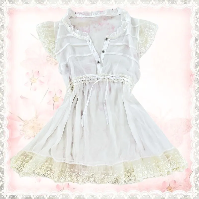 cute white sheer lace trim blouse coquette ribbon photo 1