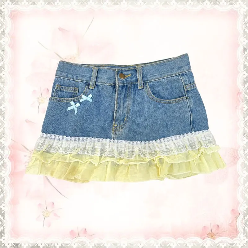 super cute denim miniskirt with yellow ruffle &  white lace  photo 1