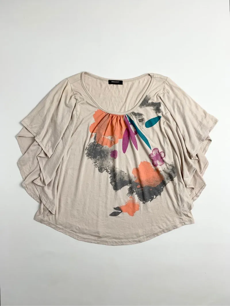 Y2k Miss Sixty Ruffle Sleeve Tee With Art Flower Graphic  photo 1