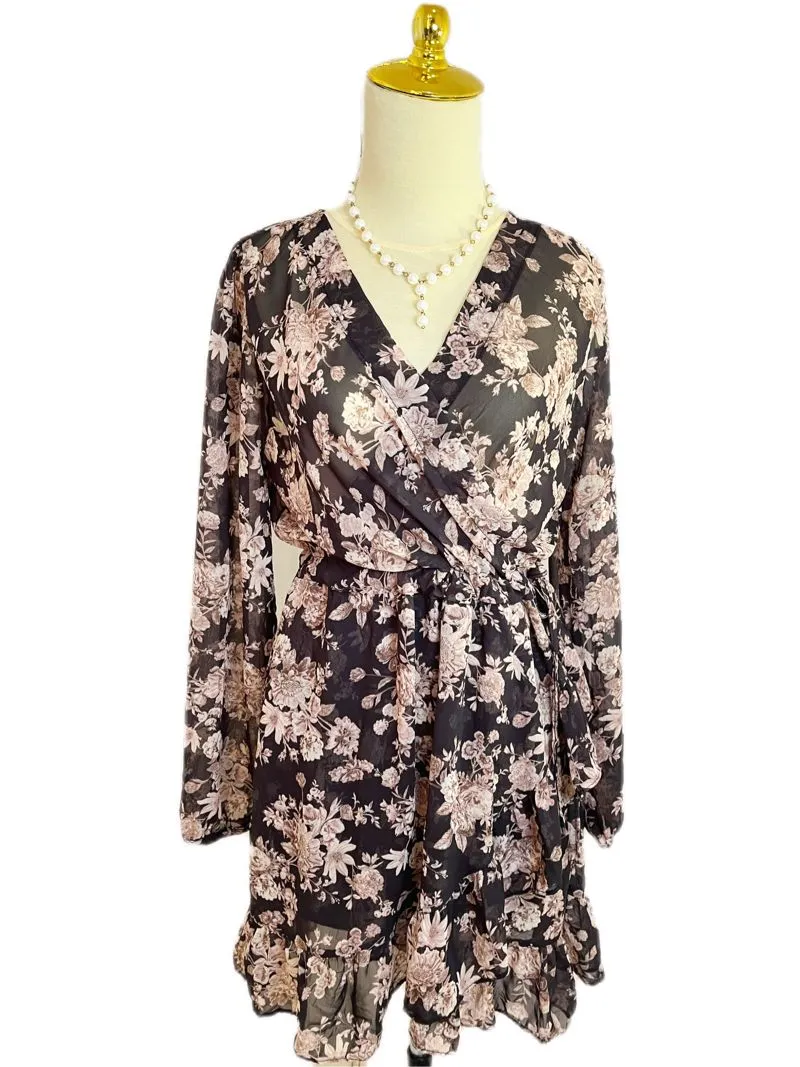 Dark Floral Wrap Dress with Long Sleeves and Ruffle Hem Mood photo 1