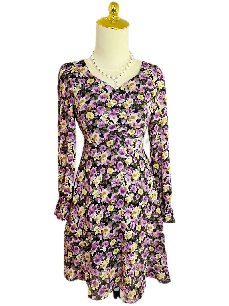 Maison de Roem Purple Floral Long Sleeve Midi Dress Garden P