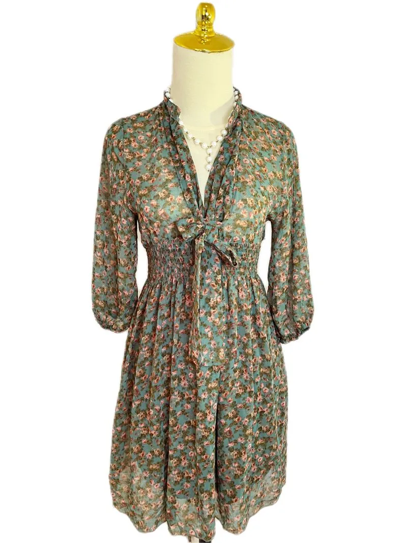 Sage Green Floral Smocked Shirt Dress with Tie Neck Bohemian photo 1