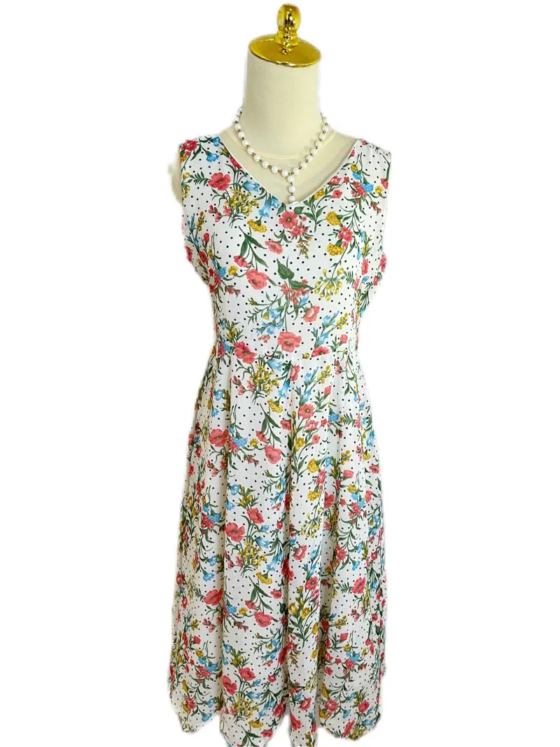Multicolor Floral Dotted Print Korean Chiffon Midi Dress photo 1