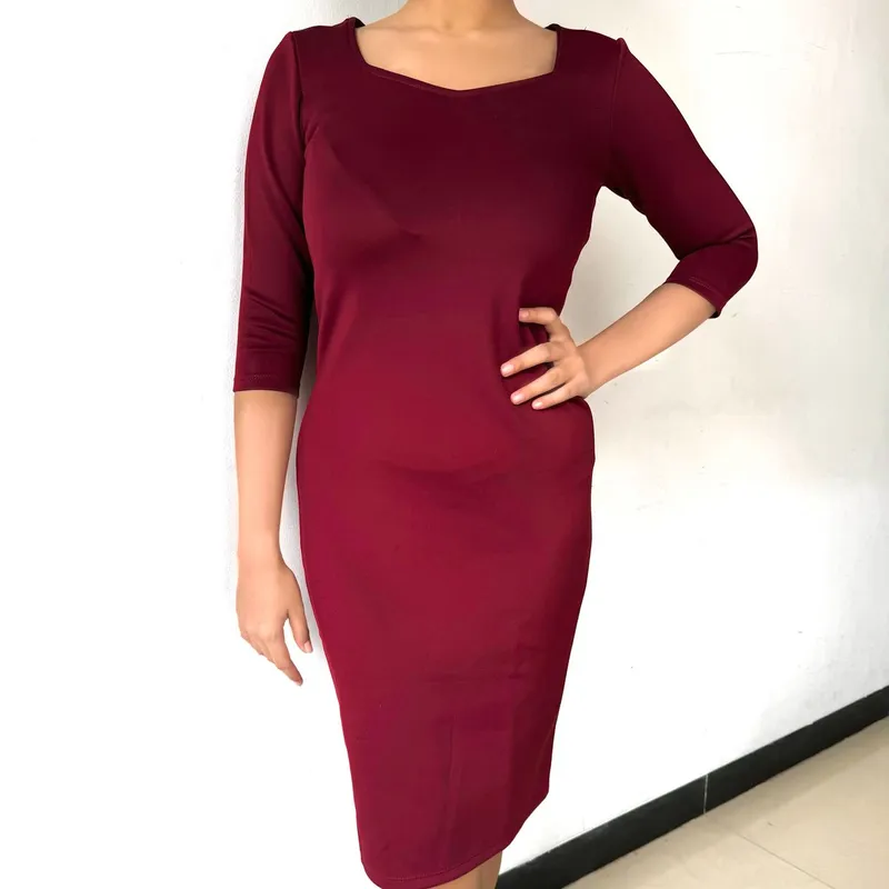 Minimalist Casual dress Wanita burgundy red photo 1