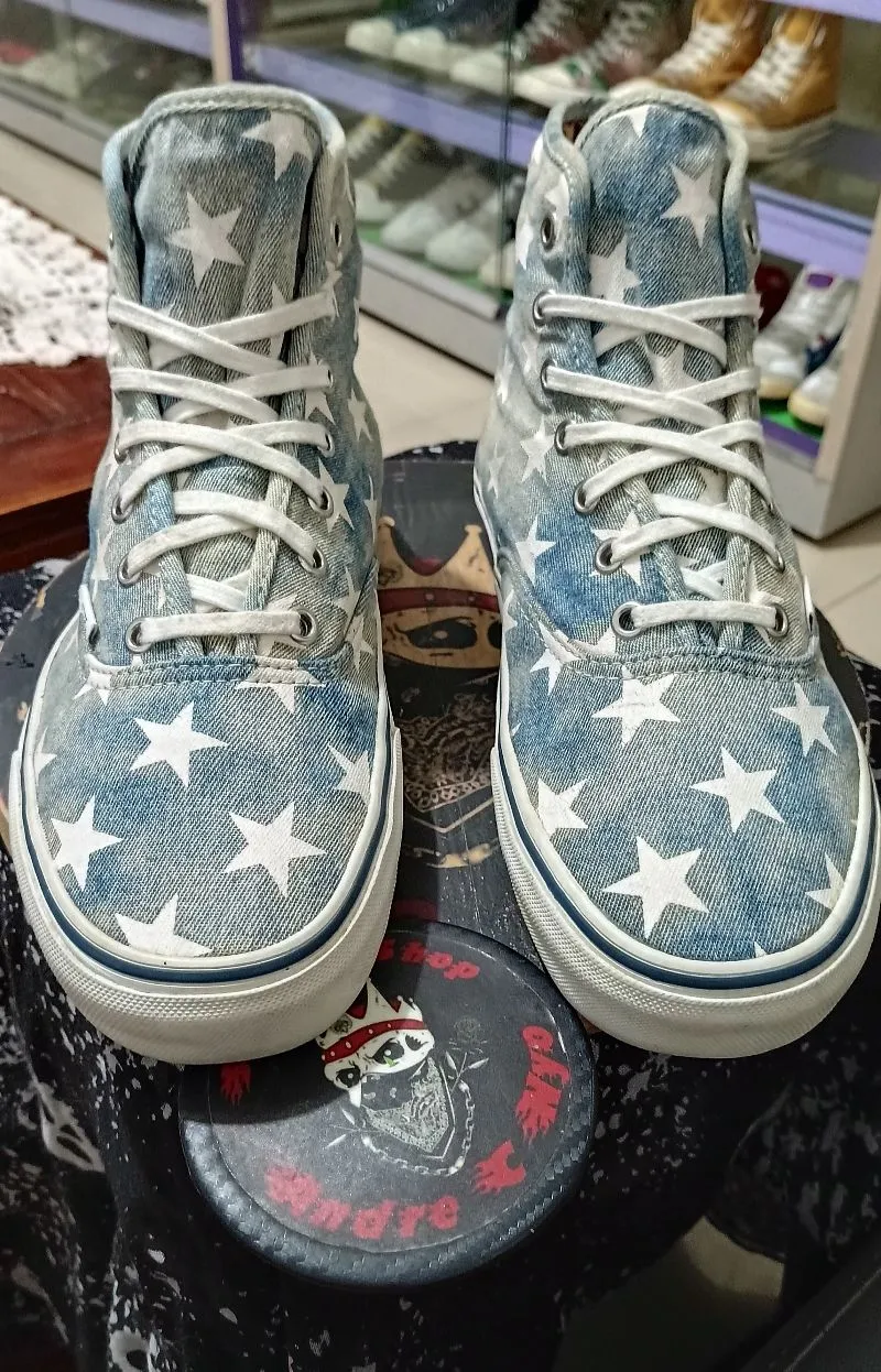VANS Authentic HI Top Washed Denim Stars Leopard Lining Preloved