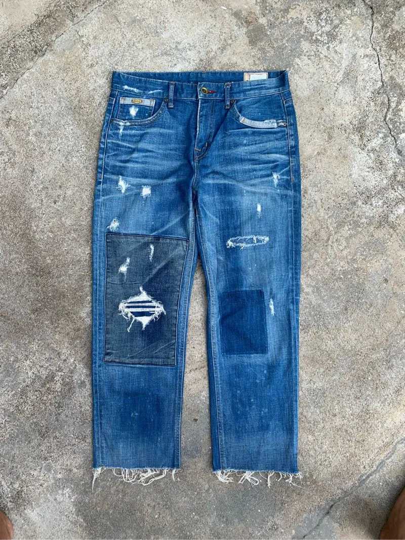 PATCHWORK DENIM JEANS RIPPED UNFINISED photo 1