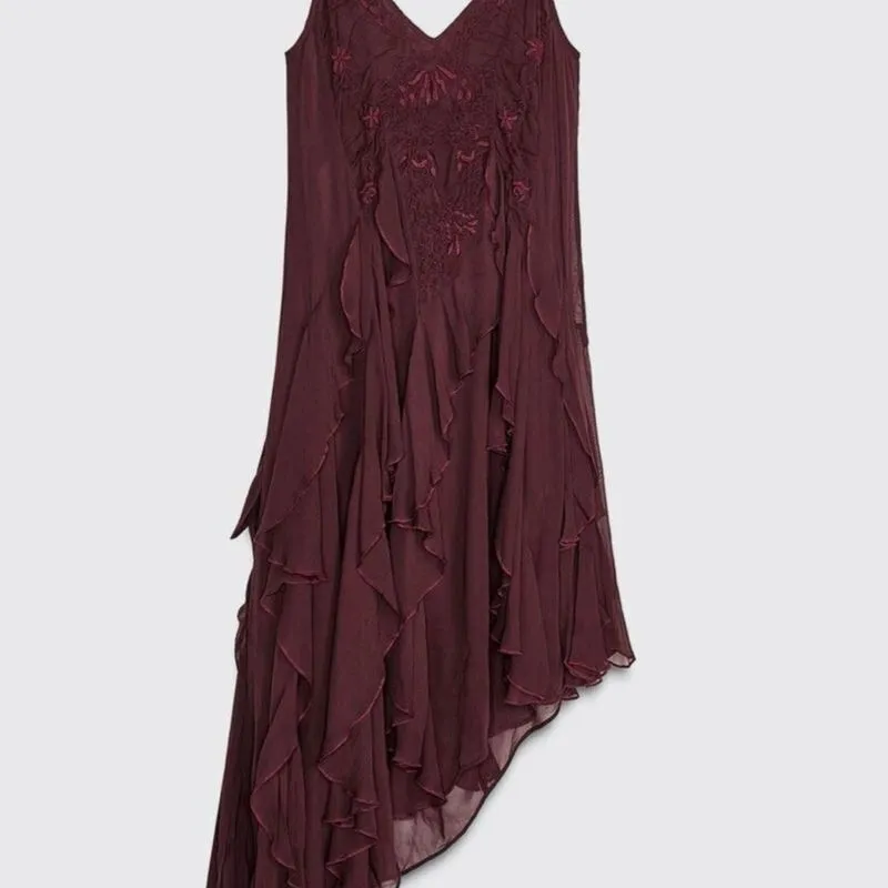 ZARA WOMEN COLLECTION Embroidded Assymmetric Dress Burgundy photo 1