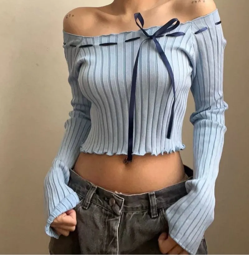 Muffinhomie store off shoulder top blueberry color ribbon ti photo 1