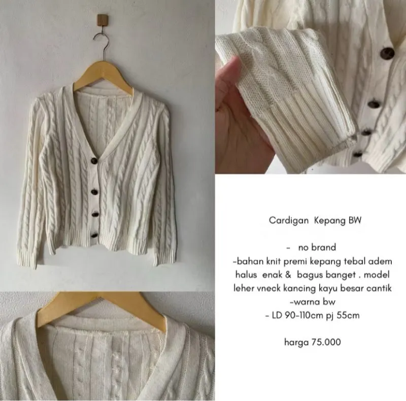 Cardigan rajut kepang knit cable white v-neck tebal photo 1