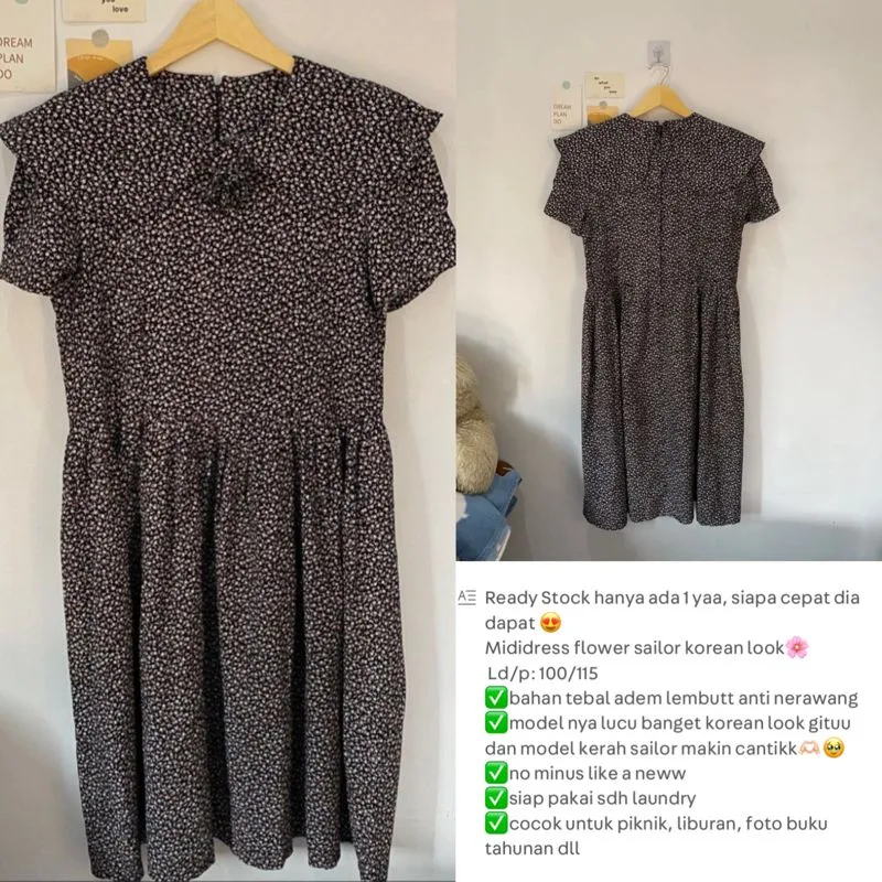Mididress sailor flower vintage casual wanita korean style photo 1