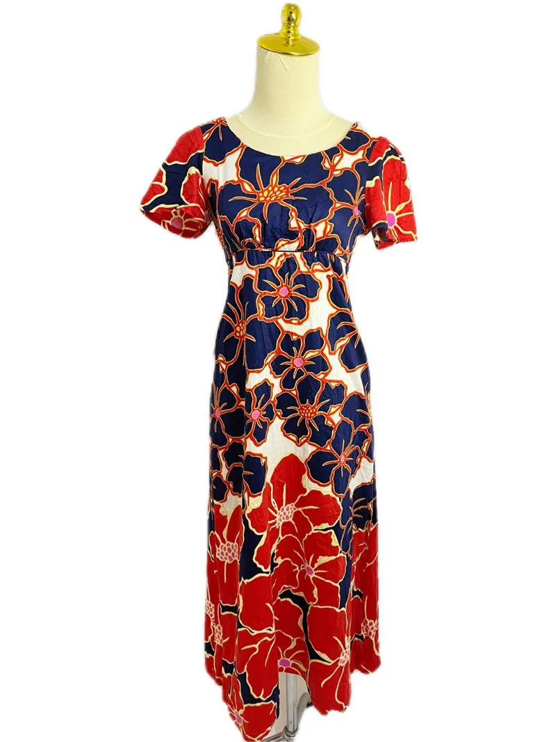 Navy Blue and Red Hawaiian Floral Midi Dress with Puff Sleev photo 1