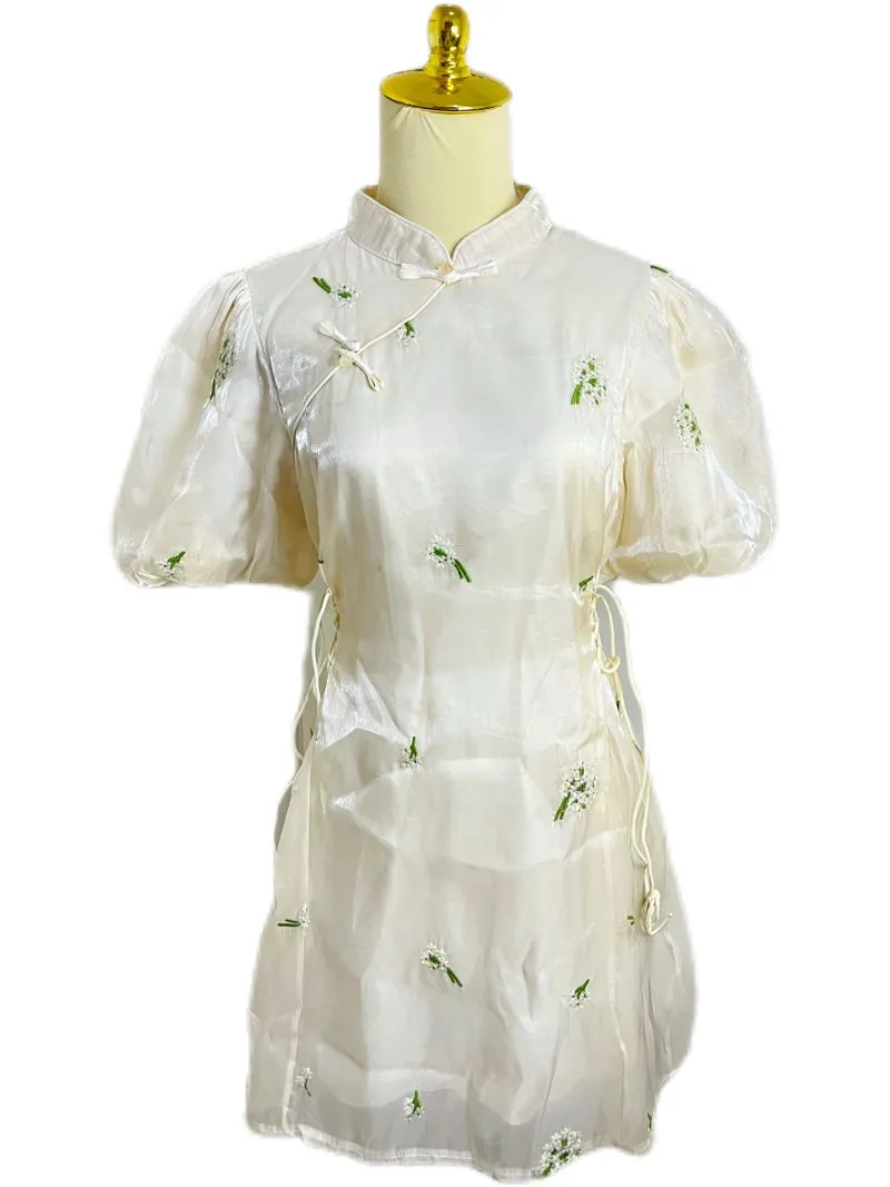 White Embroidered Floral Cheongsam Puff Sleeve Dress photo 1