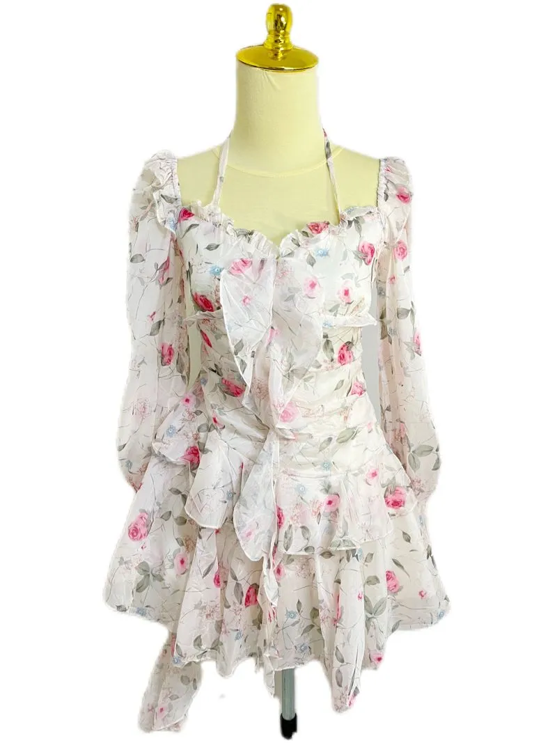 Baby Pink Romantic Floral Ruffle Mini Dress with Long Sleeve photo 1