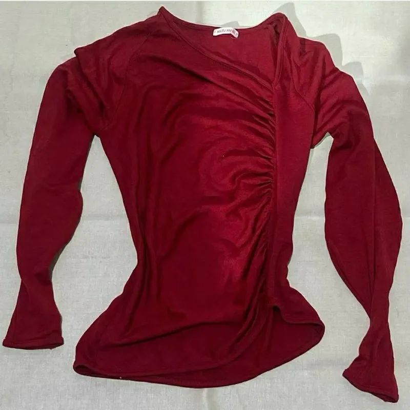 Minimalist Casual Shirt Wanita burgundy red photo 1