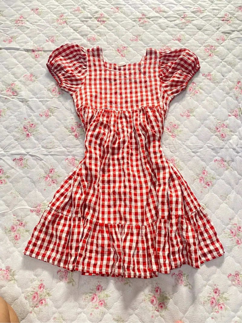 Minidress tartan maroon lengan balon babydoll vintage photo 1