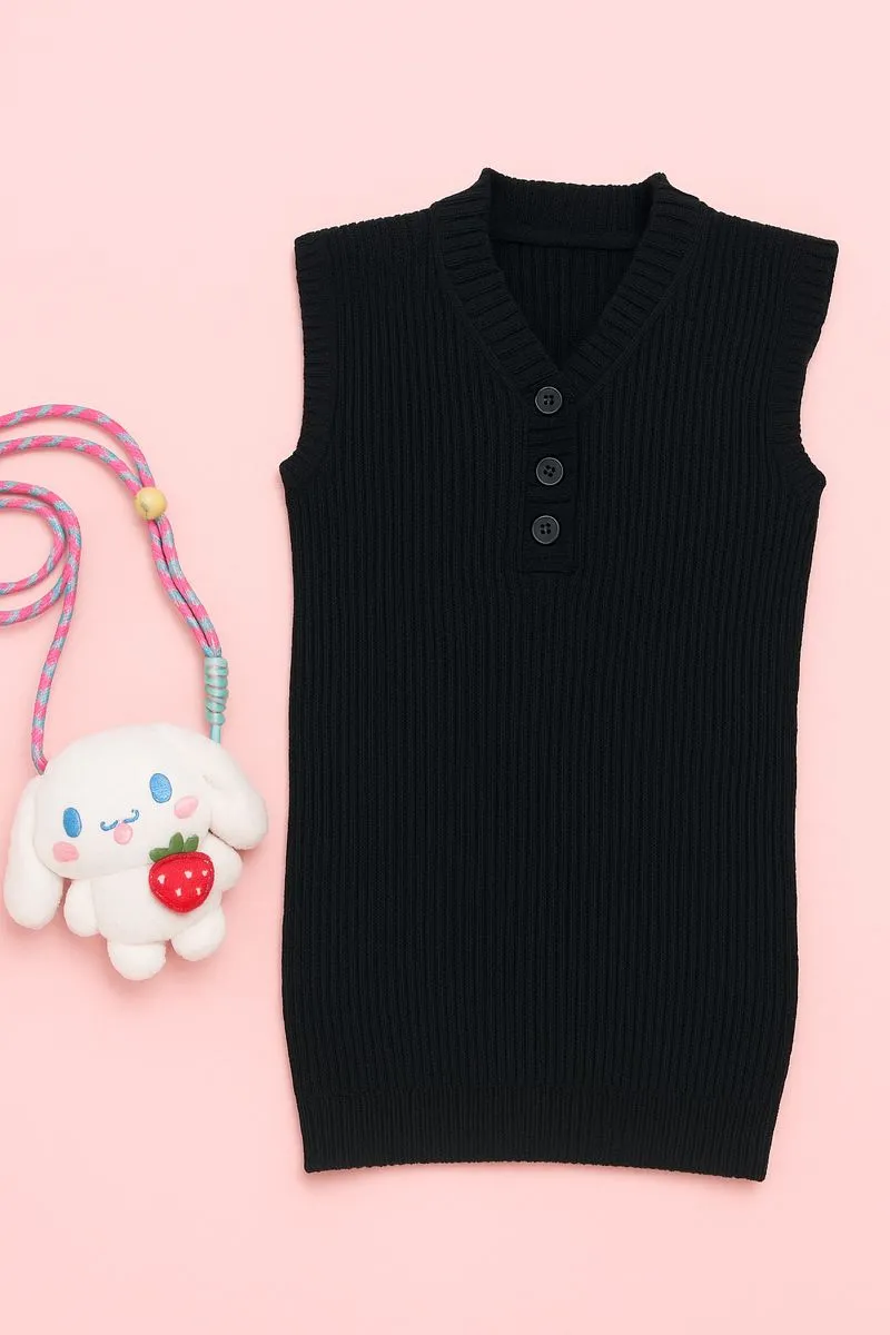 Black Knit Sleeveless Top with Buttons photo 1