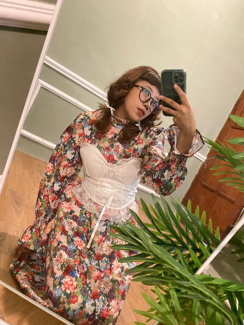 Vintage Casual dress Wanita white green red pink photo 1