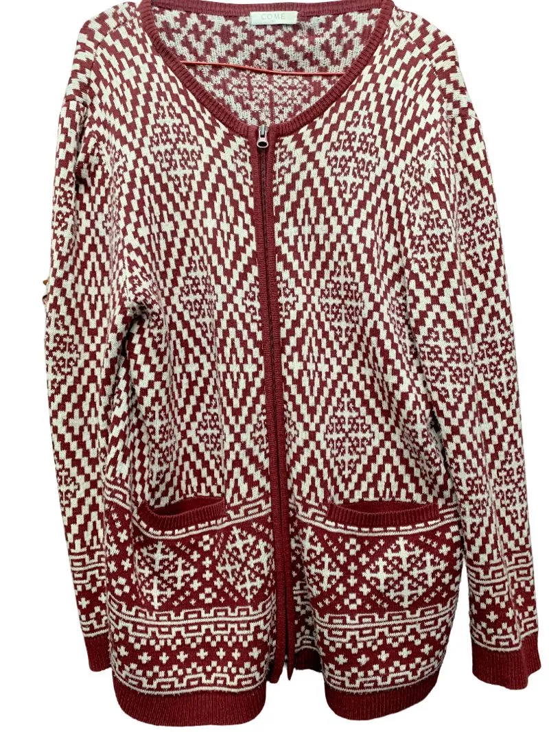 Cardigan Rajut Preloved – Motif Etnik Merah Maroon & Putih photo 1