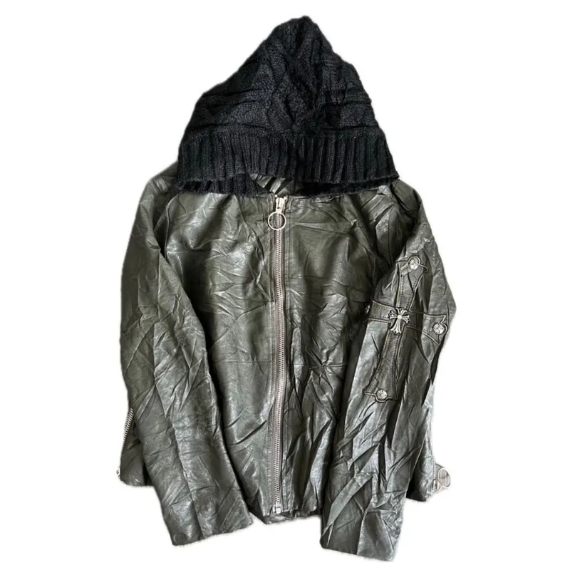 Y2K Grunge Leather jacket Pria green black photo 1