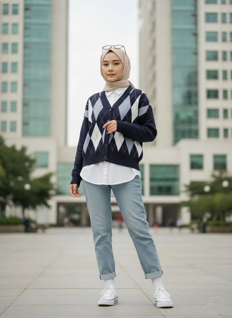 Cardigan Crop Motif Ketupat Navy Wanita photo 1