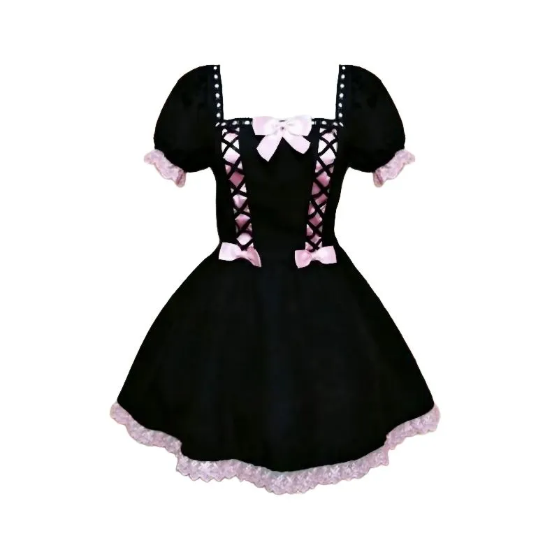 Black soft pink bodyline midi dress maid lolita kawaii goth  photo 1