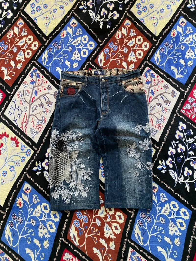 Sukajan Fish Koi Embroidery Jorts Pants photo 1