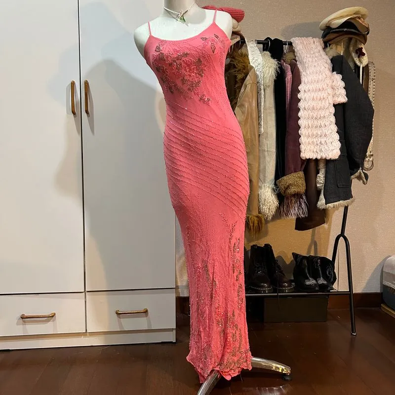 Baby pink beaded silk evening gown by Gianna Paris Preloved