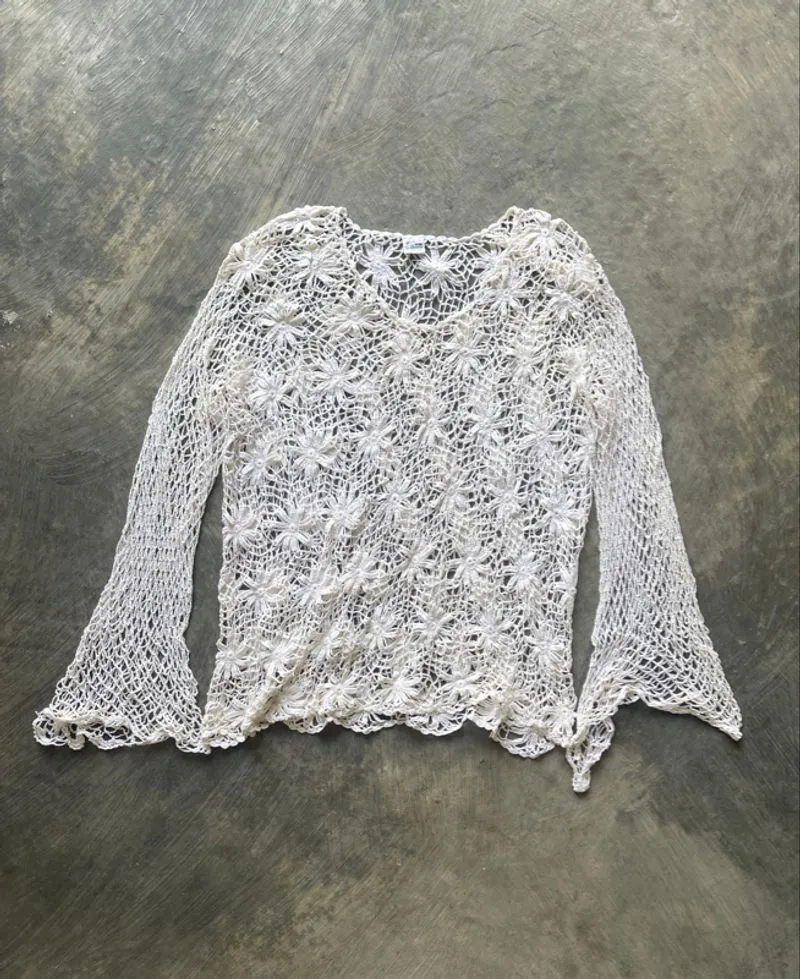 Crochet Flower Knit Top – White photo 1