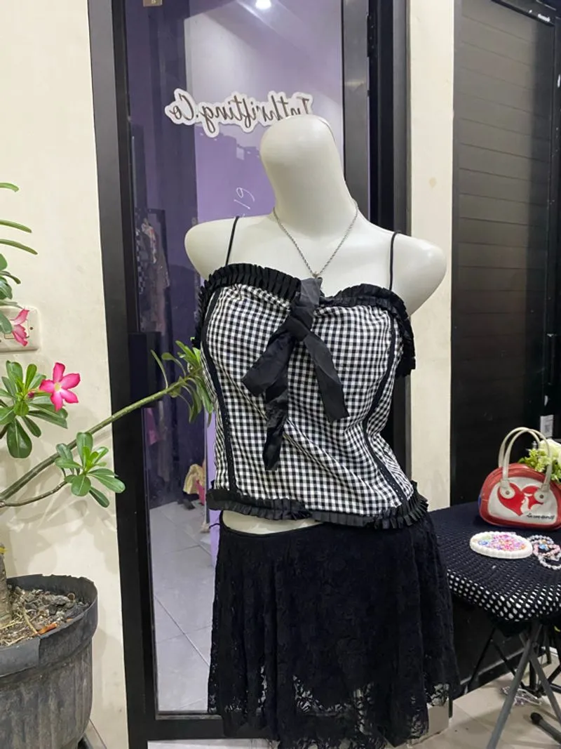✧*̥˚ Y2K Gingham Corset Top ✦ Black & White ✧*̥˚ photo 1
