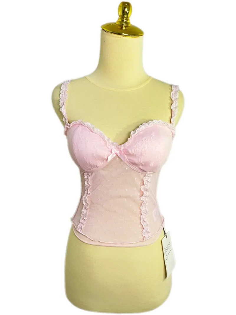 NIMO WANG Coquette Pink Sheer Ribbon Lace Corset Tanktop Bra photo 1