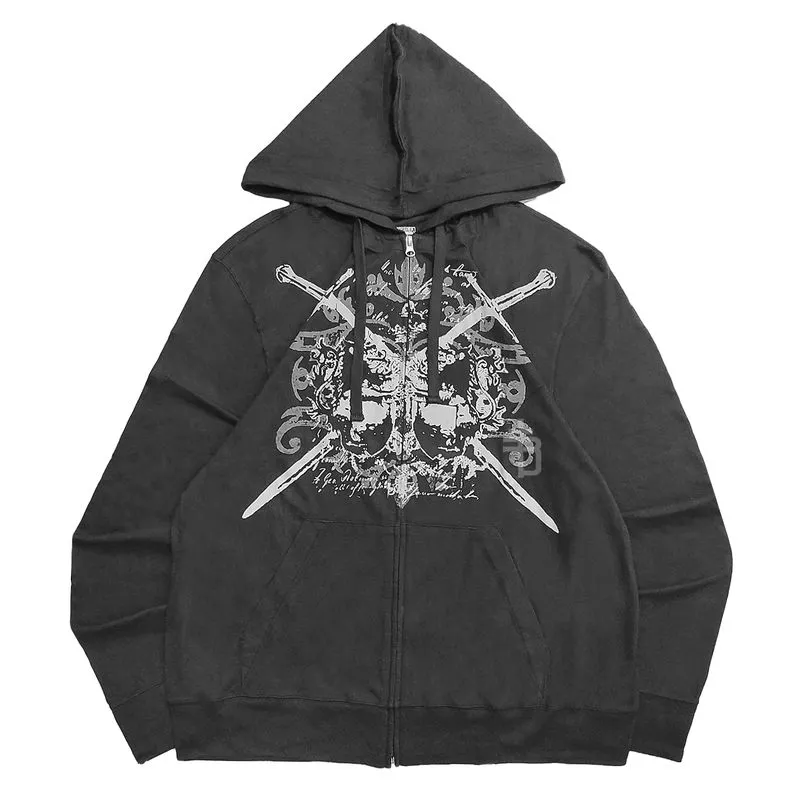 Y2K Vintage Hoodie Zip Up Gothic Crossed Swords Shield photo 1