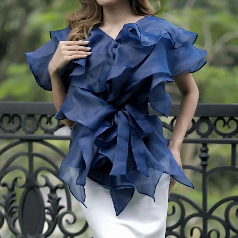 Blouse pesta wanita kondangan organza top size M biru dongke photo 1