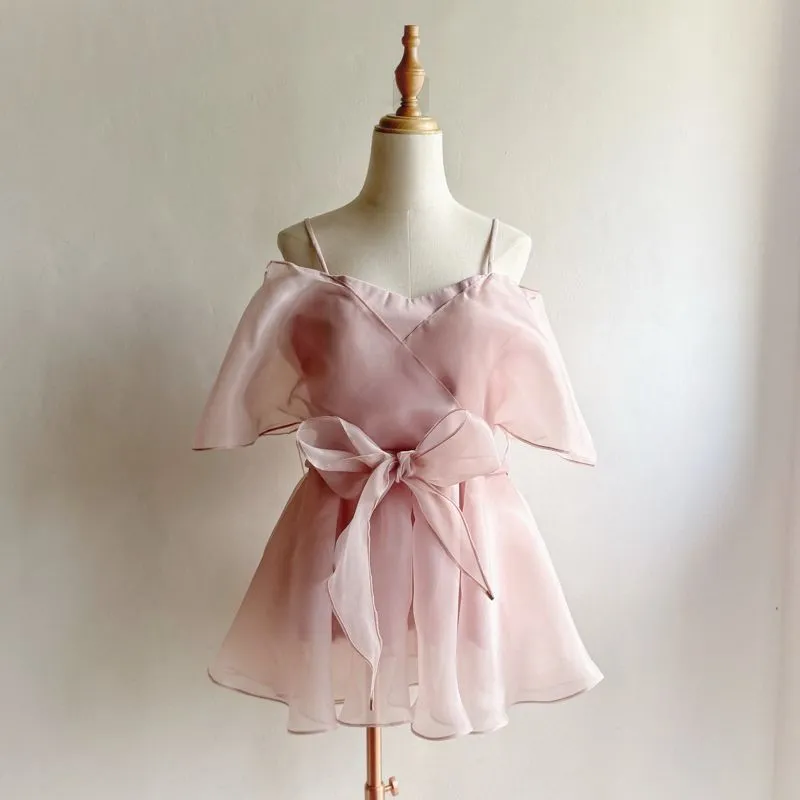 Atasan pesta wanita sabrina pink soft size L organza top photo 1
