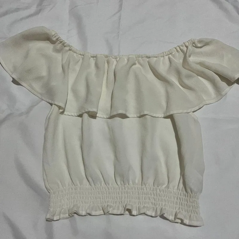 Sabrina Top broken white off-shoulder crop top atasan lengan photo 1
