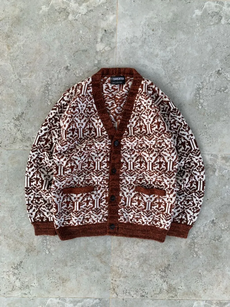 Vintage Lamb Wool Brown Abstract Pattern Cardigan photo 1